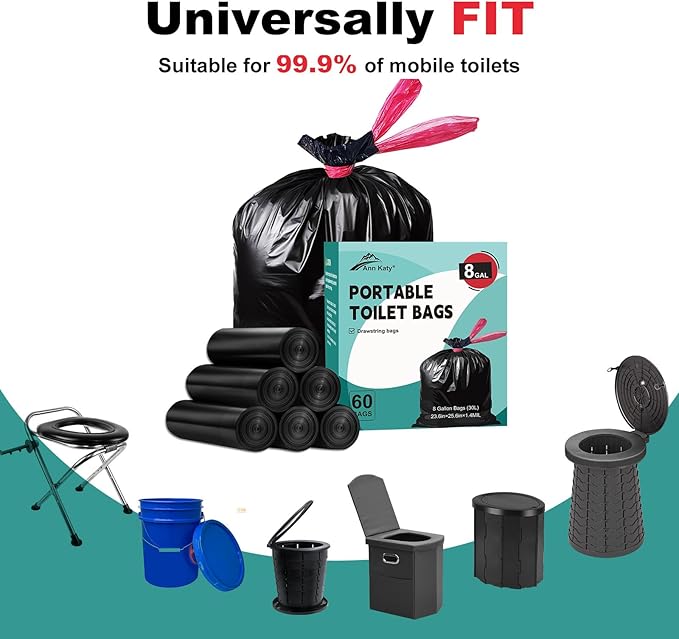 Portable Toilet Bags Drawstring 8 Gallon 60 Count,Camping Toilet Bags Toilet Trash Bags Leak-Proof, Waste Bags for Camping, Hiking, Traveling,Emergency, Outdoor Activities