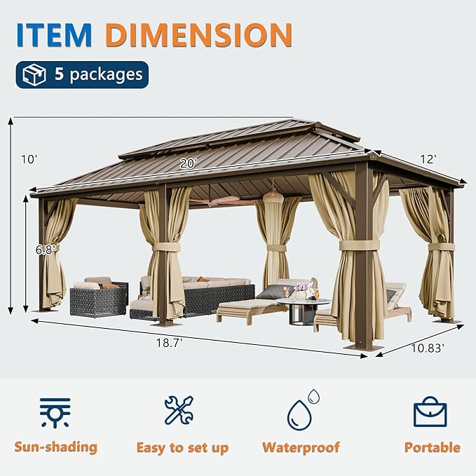 HOTEEL 12x20 Hardtop Gazebo with Metal Roof, Heavy Duty Galvanized Steel Gazebo, Reinforced Square Column, Flame-Resistant Curtains and Netting, Suitable for All-Weather,Brown(Pro)
