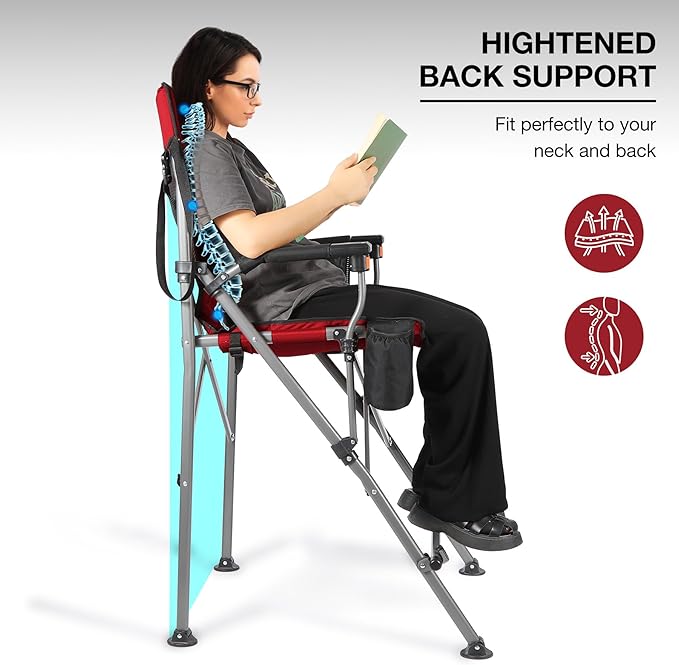 Extra Tall Folding Chairs for Adults 2 Pack, Portable Bar Height Foldable Director Chairs for Camping Outside, Comfortable with Makeup Pocket, High Back and Footrest,Red