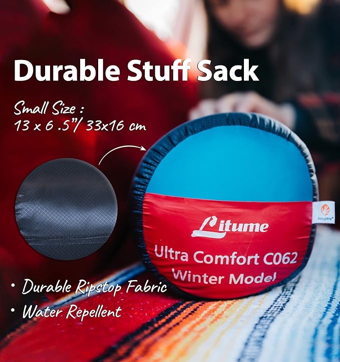 Litume Compact Velvet Lined Sleeping Bag, Lightweight Three Season Sleeping Bag, Water Repelling Sack for Warm and Cold Weather, Comfortable, Backpacking, Hiking, Camping, Traveling