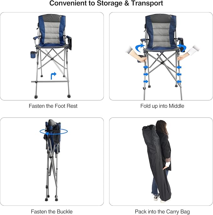 Extra Tall Folding Chairs for Adults 330lbs, Portable Bar Height Foldable Director Chairs for Camping Outside, Comfortable with High Back and Footrest, Blue