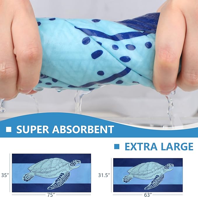 WELTRXE Microfiber Beach Towel Quick Dry, 63" x 31.5" Large Sand Free Beach Towel Adults Kids Oversized Thin Compact Lightweight Pool Towels for Swim, Travel, Camping, Picnic, Yoga, Sports, Sea Turtle
