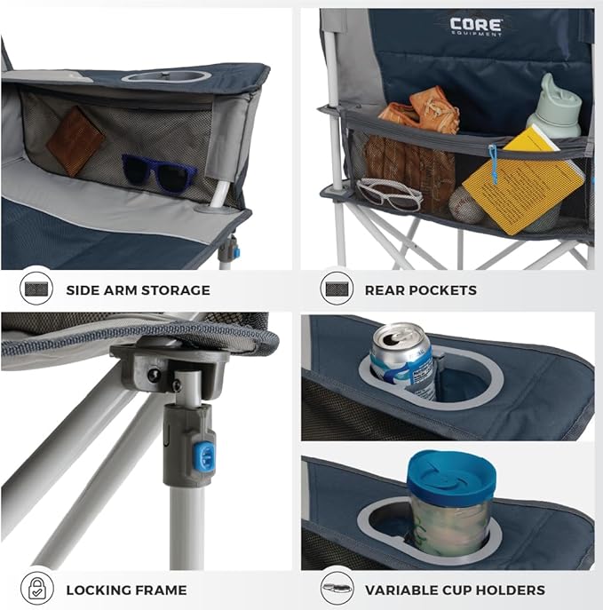 CORE Loveseat Outdoor Camp Chair | 2 Person Folding Double Lawn Chair with Storage Pockets for Accessories | Perfect for Concert Seat, Festivals, Sports, Beach, Travel & Picnic