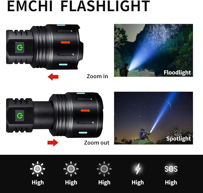 Flashlights High Lumens Rechargeable 2PACK,10000LM Super Bright Flashlight Adjustable Tactical Flashlight, 5 Modes Zoomable Waterproof LED Flash Lights