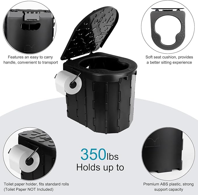 Portable Toilet for Adults, Camping Toilet with Soft Cushion and Paper Holder, Foldable Portable Toilet for Camping/Car Emergency Use