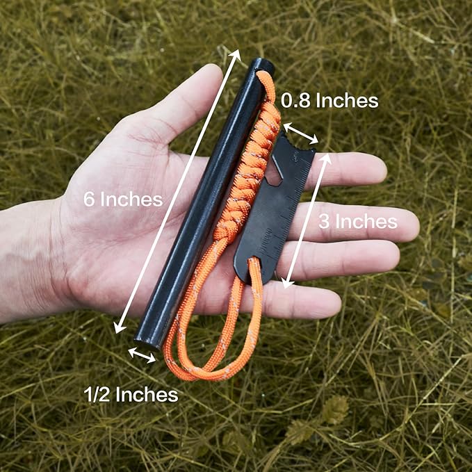 Ferro Rods 1/2 inch x 6 inch, Premium Ferro Rod Fire Starter Survival Tool, Flint and Steel Fire Starter Kit, 20,000+ Strikes, Large and Thick Ferro Rod with Paracord & Multi-Tool Striker.