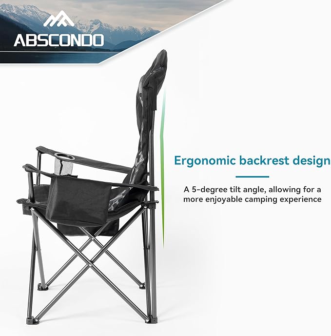ABSCONDO Camping Chairs for Adults, Oversized Folding Camp Chair for Outdoor with Cup Holder & Cooler Bag, XL Heavy Duty Lawn Chairs Supports up to 350lbs (2 Pcs)