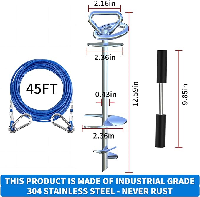 Dog Tie Out Cable and Stake,with 45FT Heavy Duty Cable,Dog Stake Allows Dogs Up to 200 lbs, Dog Stakes for Outside Beach,Camping, Yard, 360° Swivel Dog Anchor…