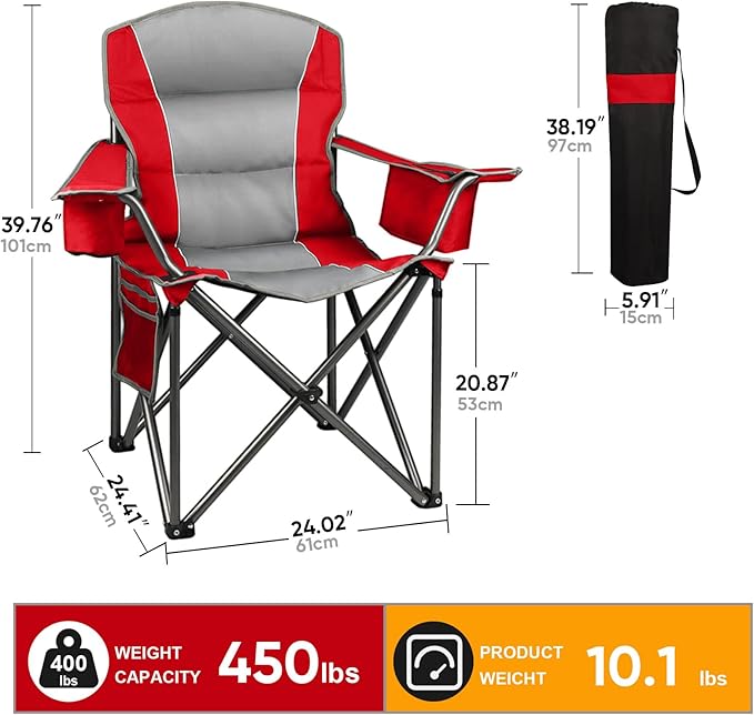 2 Pack Oversized Folding Camping Chairs for Adults, Heavy Duty Lawn Chairs with Cup Holder Storage and Cooler Bag, 450 LBS Weight Capacity, Padded Collapsible Chairs for Outdoor, Garden & Beach