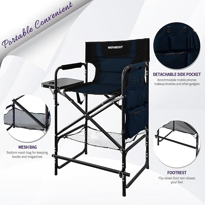 Tall Folding Directors Chair with Side Table 30.71" Seat Height Foldable Camping Chair Bar Stool for Makeup Artist Face Painting with Footrest and Storage Pocket Supports 350LBS