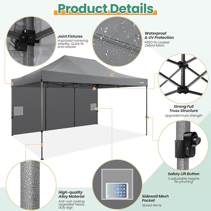 COBIZI 10x15 Heavy Duty Pop up Canopy Tent with 4 sidewalls Commercial Outdoor Canopy Wedding Party Tents for Wedding All Season Wind & Waterproof Gazebo with Carry Bag, Gray(Frame Thickened)
