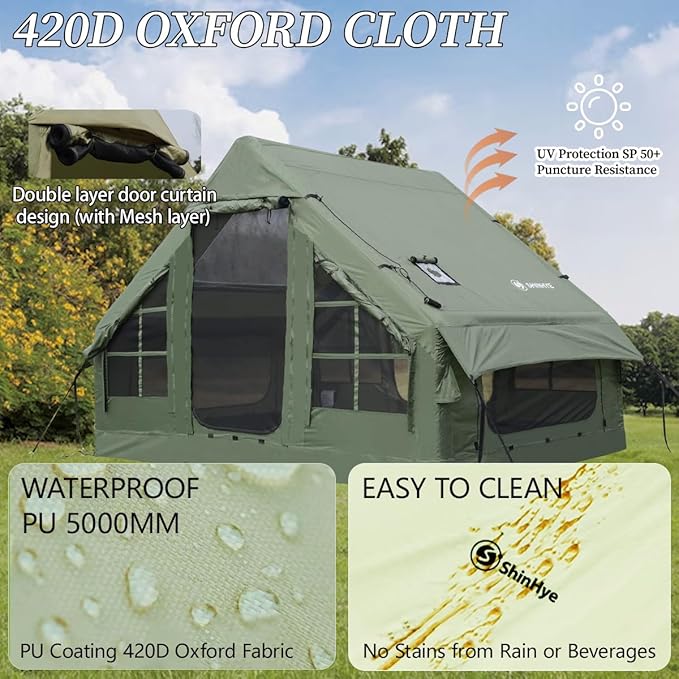 Inflatable Tent for Camping Large Blow Up Tents Glamping 4-8 Person House 4 Season Air with Pump Easy Set up Waterproof Outdoor Oxford