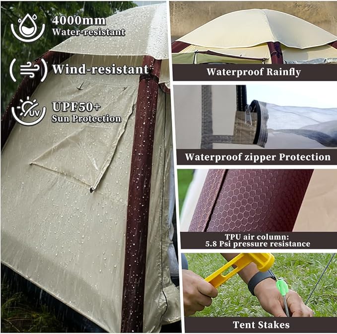 Cow-HQUS Camping Tents 4 Person,3 Minute Easy Set Up Waterproof Tent,Pop Up Tents for Camping, Portable Family Auto-Inflating Instant Tent with Mesh Windows, Large Inflatable Tents for Camping
