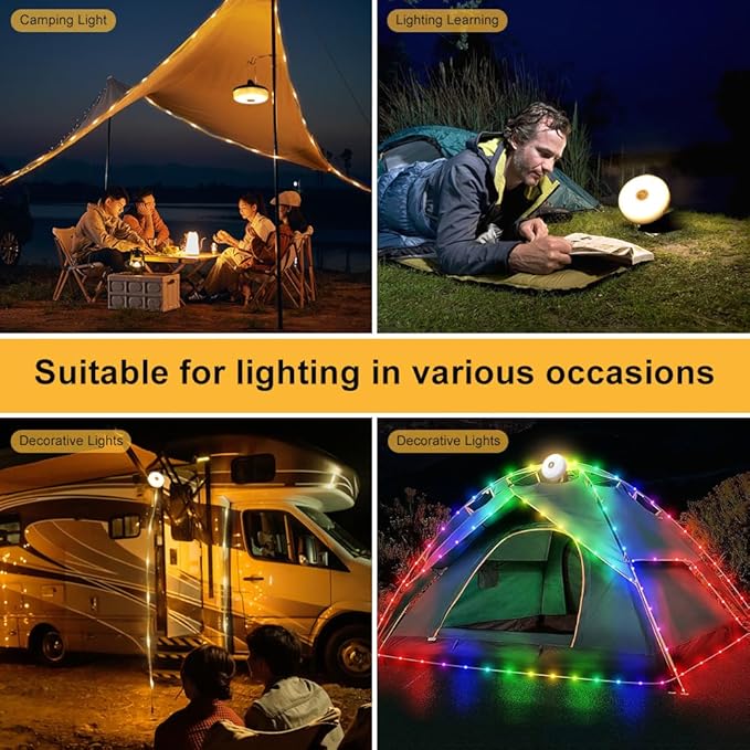2 Pack Camping String Lights - 4 in 1 Outdoor Lights with 8 Lighting Modes, USB Charge & Battery Indicator, Durable & Waterproof for Camping Yard Hiking, Portable & Easy-to-Store (32.8ft)