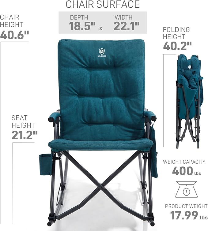 EVER ADVANCED Oversized Folding Rocking Camping Chair, Padded Portable Rocker Chair for Patio, Lawn and Outdoors, Heavy Duty Hard Armchair for Adults Supports 400lbs, Green