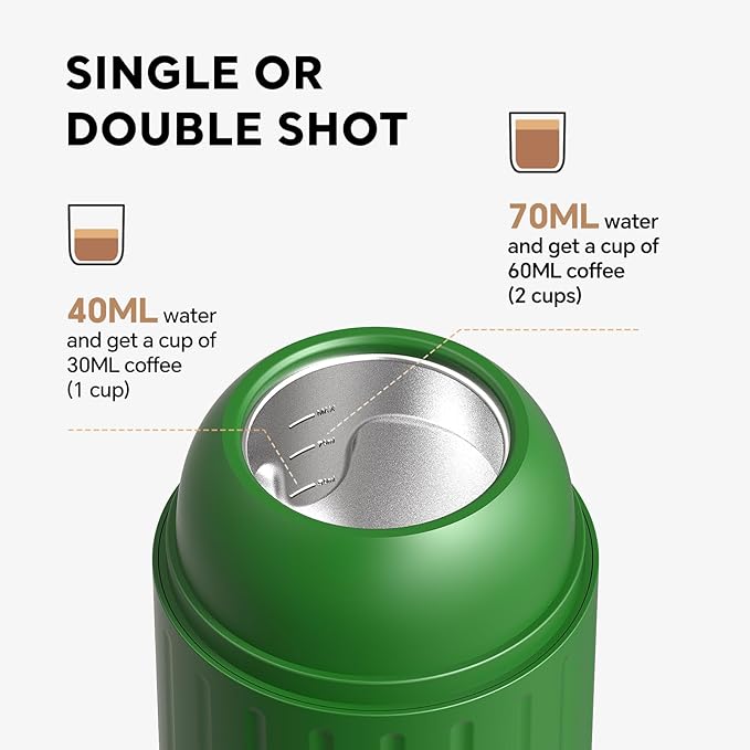 Portable Espresso Machine with 3-4 Min Self-heating, 12V Rechargeable Electric Coffee Machine Compatible with NS Capsules and Ground Coffee for Car Camping Travelling, Green