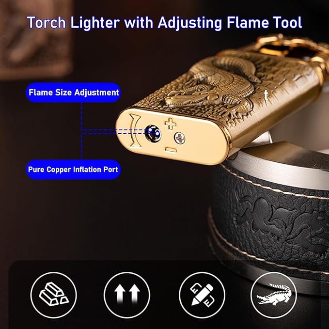 Torch Lighter, Relief Dragon Design Magic Dual Flame Lighter with Adjusting Flame Tool, Creative Windproof Lighter, Cool Jet Flame Butane Lighter, Refillable Butane Lighter for Outdoor Indoor