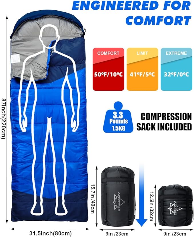 Sleeping Bag for Adults Cold Weather & Warm, Lightweight Backpacking Camping Hiking Essentials Gear for Kids 10-12 Girls Boys Compact w/Compression Sack Indoor Outdoor Sleep Must Haves