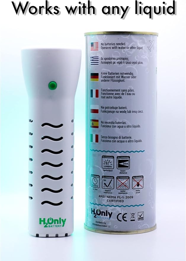 Flashlight - No Batteries Needed - Water Powered (or Any Liquid)- No Expiration Date - 67 Lumens, Emergency Light - Last up to 1500 Hours-White
