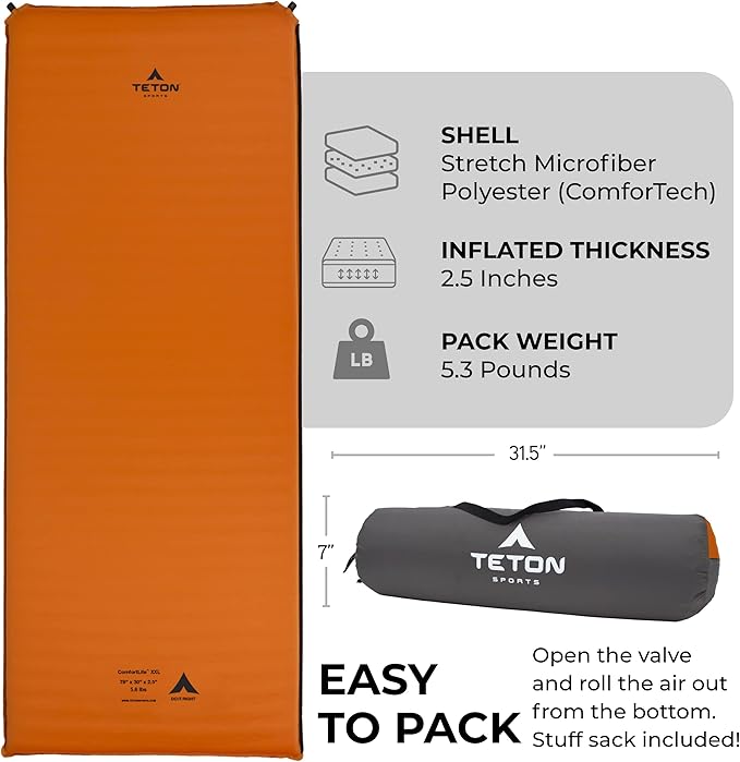 Teton Self Inflating Sleeping Pad, Inflatable Camping Sleeping Pads, Compact Mat for Camping, Backpacking, and Hiking.