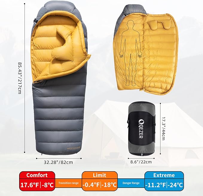Down Sleeping Bag for Adults 620 Fill Power 0 Degree Sleeping Bag Cold Weather Ultralight with Pouch for Backpacking, Camping, Hiking