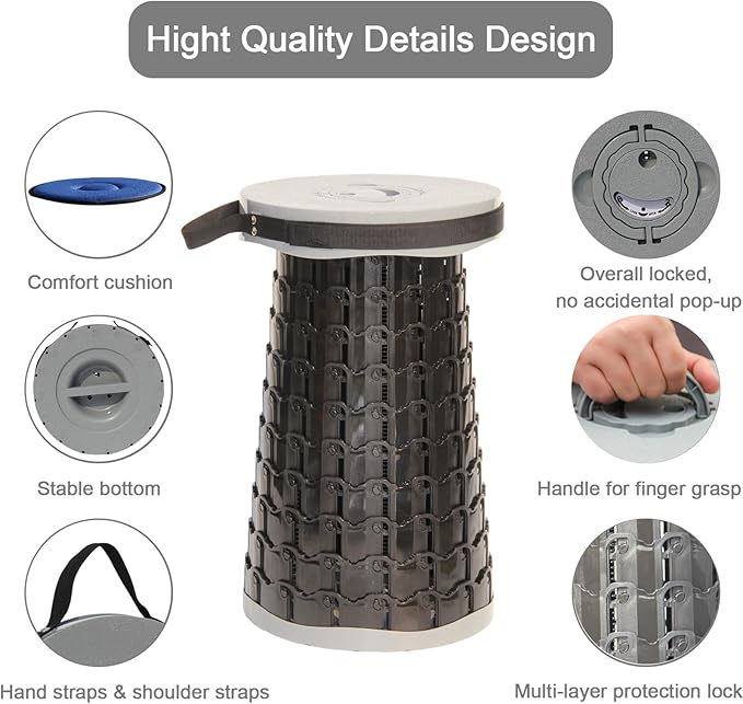 Upgraded XXL Collapsible Stool with Cushion,19.7"H-11.8"D Telescoping Folding Stool for Adults,More Sturdy Portable Camping Stools with Load Capacity 1000lbs for Outdoor,Garden,Fishing,Hiking