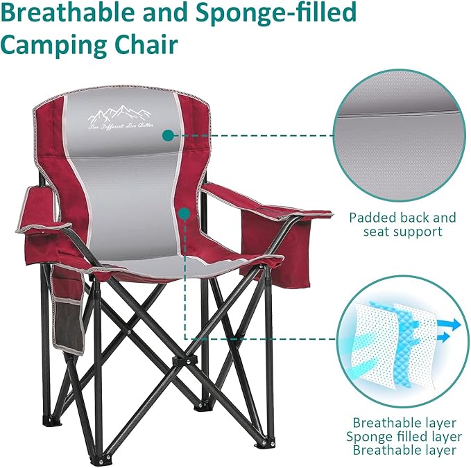 Camping Chair with Cooler Bag, Cup Holder, Storage Pocket, Heavy Duty 450lbs Capacity with Large Anti-Sink Feet, Portable Folding Padded Chair for Outdoor, Beach, Fishing, Sports, Red 2Pack