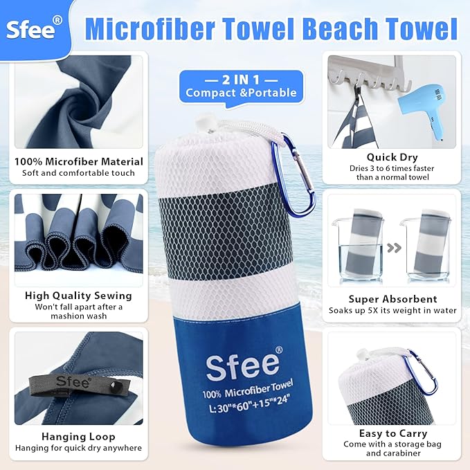 Sfee 2 in 1 Microfiber Oversized Beach Towel, Quick Dry Towel Travel Towel Camping Towel Super Absorbent Compact Lightweight Sports Towel Gym Towel for Beach,Gym, Hiking, Pool, Backpacking, Bath, Yoga