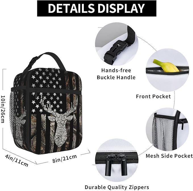 SARA NELL Hunting Camo Deer Insulated Lunch Bag Camouflage American Flag Lunch Cooler Box for Women Men Teens Kids, Reusable Lunch Tote Bag, Insulated Lunch Bags for Work, Picnic, School or Travel