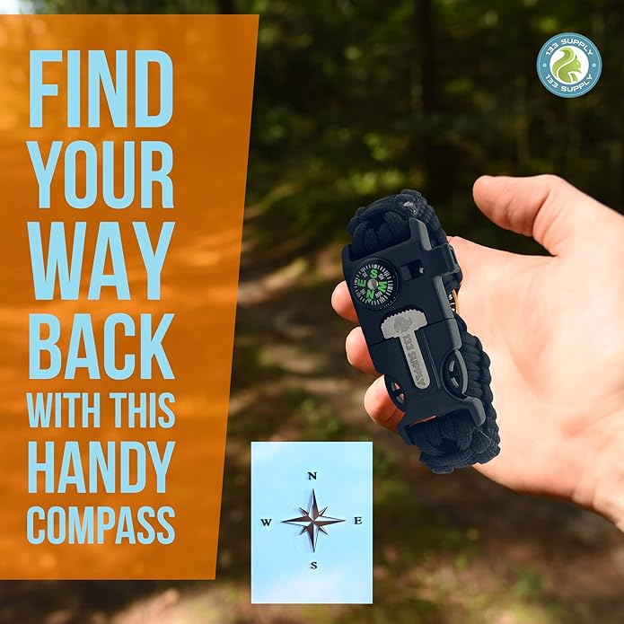 Adjustable Paracord Bracelet Compass Hiking Survival Whistle Loud, Emergency Fire Starter Kit, Camping Accessories Fishing Hunting EDC Backpacking Gear, Tactical Survival Gear and Equipment