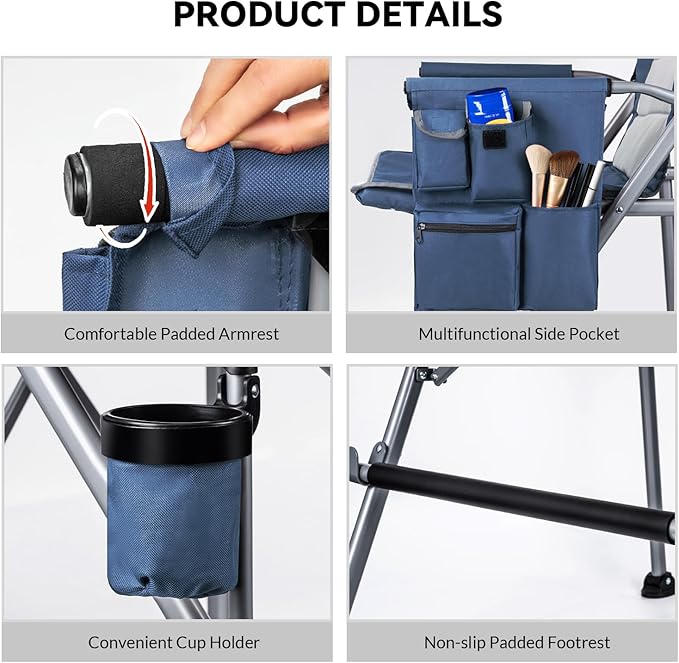 Foldable Directors Makeup Salon High Chair - Portable Camping Bar Height Folding Photoshoot Chairs with Stroage Bag Cup Holder Non-Slip Footrest, Supports 400 lbs Blue Tall Director Chair