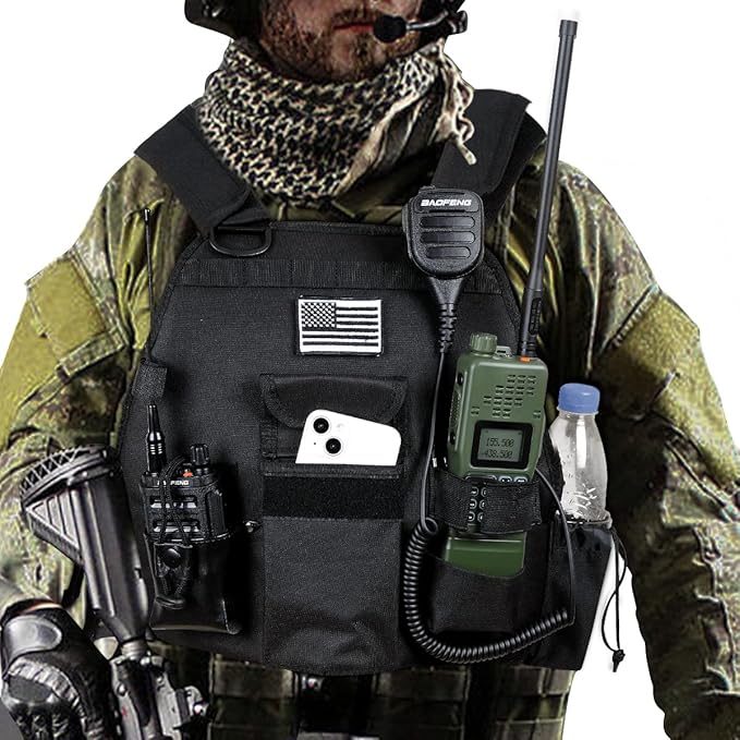 Heavy Duty Radio Harness Holder Tactial Chest Tool Pag Front Pounch Holster Pack MOLLE Vest Breathable 3D Mesh Liner Military Vest for Baofeng UV5R Motorola Kenwood Two Way Radio Walkie Talkie
