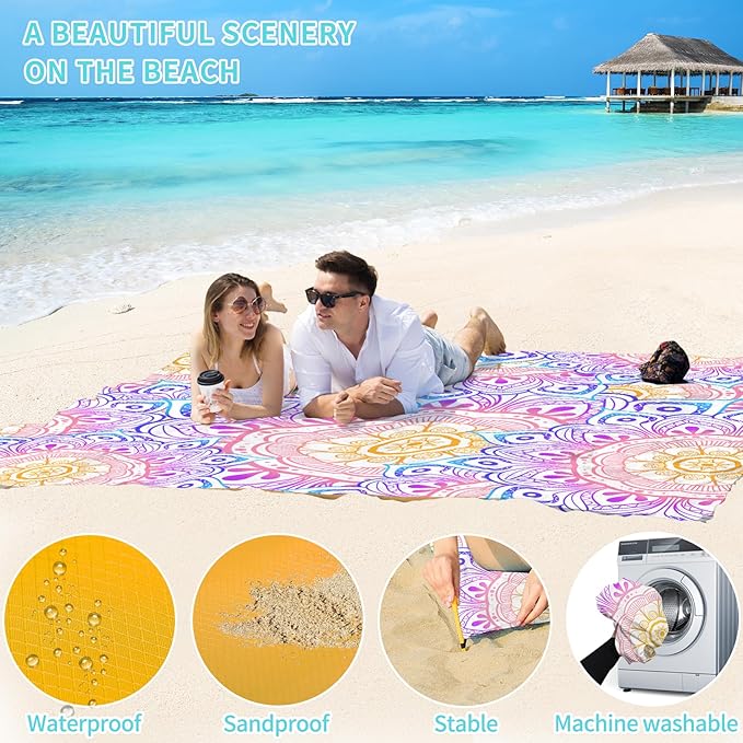 BYDOLL Beach Blanket Waterproof Sandproof 78''×81'' Suits1-4 Adults Compact Lightweight Oversized Sand-Free Blanket Large Picnic Mat for Beach Travel Camping Hiking