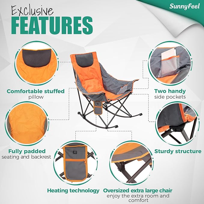 SUNNYFEEL Oversized Heated Camping Chair 2 Pack, Folding Rocking Camping Chairs with Luxury Padded Recliner,Carry Bag, 300 LBS Heavy Duty for Lawn/Outdoor/Picnic/Patio, Portable Rocker Camp Chair