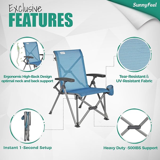 SUNNYFEEL Ergonomic High Back Camp Chair - 500lbs Heavy Duty Folding Chair, UV-Resistant Portable Camp Chair with Hard Armrests, Cup Holder& Bag for Outdoor, Basebal, Travel, Sports, Hiking, Fishing
