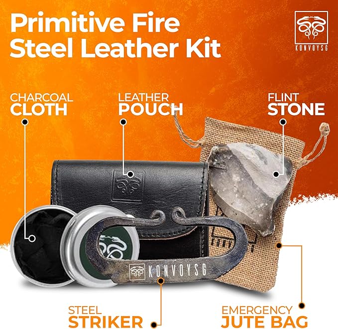 Carbon Steel Fire Striker, English Flint Stone & Char cloth Traditional Hand Forged Fire Starter, Leather Gift Kit with Emergency Tinder Jute Bag