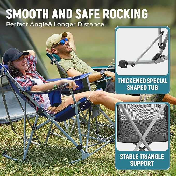 FUNDANGO Rocking Camping Chair, High Mesh Back Portable Folding Camp Chairs with Pillows, Cup Holder and Carry Bag for Lawn Patio Garden Outdoor Supports 300 Lbs (Black/Grey)