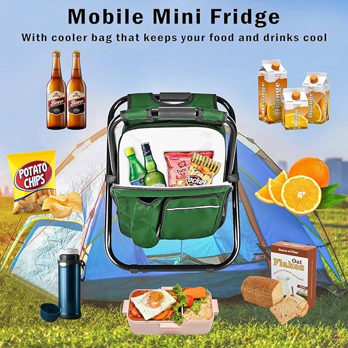 Kikerike Portable Stool Backpack Cooler Chair 400 LBS Max Load Folding Fishing Cooler Backpack Stool for Outdoors Hiking Beach Travel - Army Green