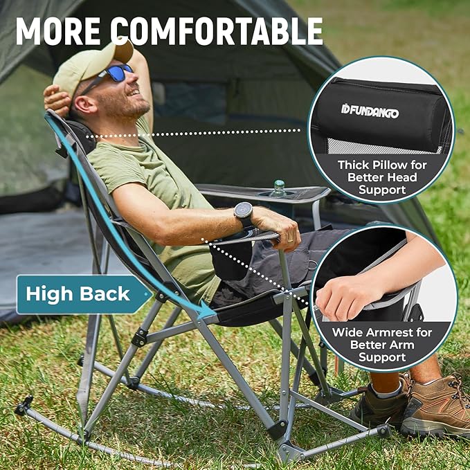 FUNDANGO Rocking Camping Chair, High Mesh Back Portable Folding Camp Chairs with Pillows, Cup Holder and Carry Bag for Lawn Patio Garden Outdoor Supports 300 Lbs (Black/Grey)