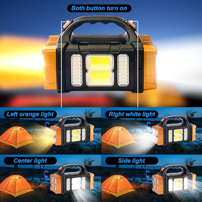Two Side Solar Handheld Flashlight with COB Sidelight, High Bright 8 Modes Spotlight with USB Cable, Rechargeable Portable LED Searchlight for Outdoor Hunting Boating Camping Emergencies