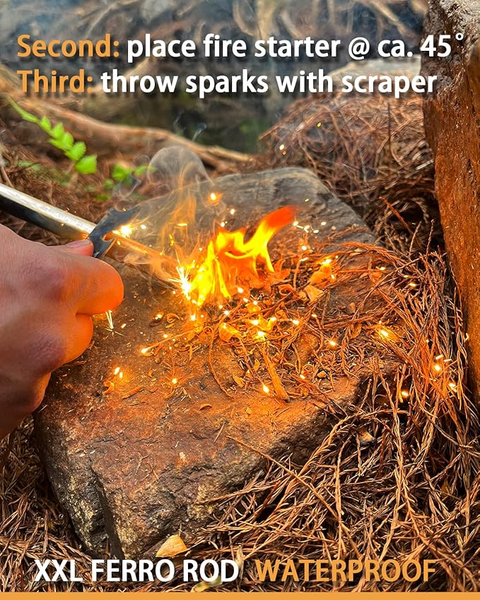 YUNFIRE Fire Starter-5" x 1/2" Thick Ferro Rod with Multi-Tool Striker & Type 550 Paracord, 25,000+ Strikes, Drilled Flint Fire Steel for Emergency Survival, Camping, Hiking