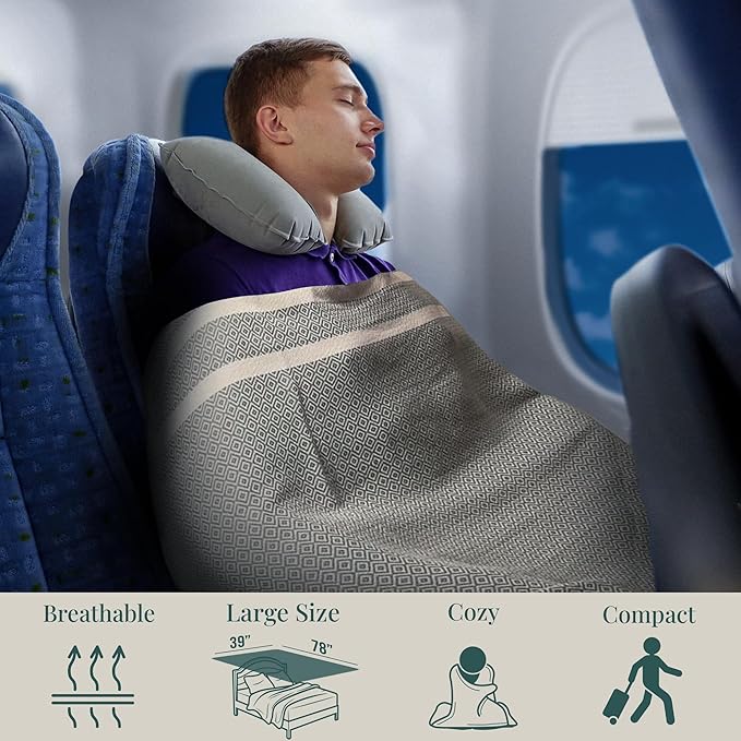 Breathable Airplane Keep Warm Travel Blanket Towel Quick Dry Comfortable Cotton Oversized 39" x 72" Compact Portable Essentials Quick Dry Beach Towel Car Camping (Turquoise Blue)