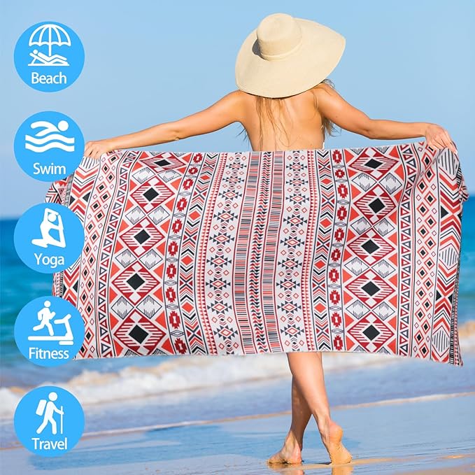 1 Pack Microfiber Beach Towel, Large Microfiber Towel 63" x 32" Sand Free Quick Dry Towel Super Lightweight Travel Towel Swim Pool Gym Camping for Adults Beach Accessories (Z-1 Pack Orange Boho)