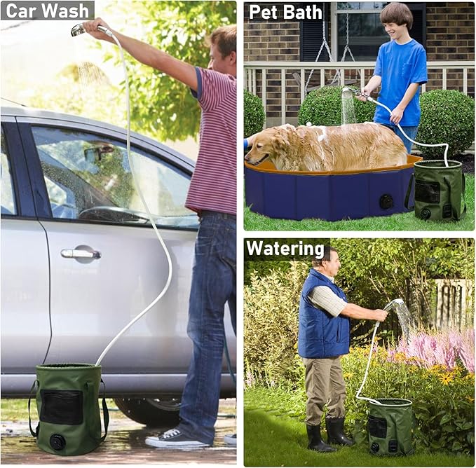 Camping Shower Tent Kit, Pop Up Privacy Shelter with LED Lights, Portable Shower Pump with 6.6 Gallons Collapsible Bucket Camp Bathroom for Adults Outdoor Hiking
