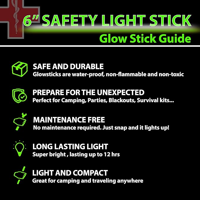 32 Ultra Bright 6 Inch Large Green Glow Sticks - Chem Lights Sticks with 12 Hour Duration - Camping Glow Sticks, Emergency Glow Sticks For Storms Blackouts - Glowsticks for Parties and Kids Activities