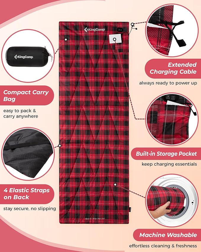 KingCamp 6 Heating Zones Sleeping Bag Liner, 3s Heat-up Portable XL Heated Sleeping Bag Pad for Cold Weather Camping, Hiking, 100% Cotton Flannel, Multi USB Power Supported, Compact Bag Included