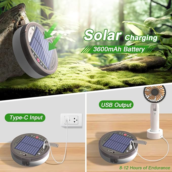 Outdoor waterproof portable stowable string light, 4 in 1 camping string lights outdoor with 8 lighting modes (42ft), solar /USB rechargeable Tent Lights for Camping, Hiking, Yard, RV (Multicolor)