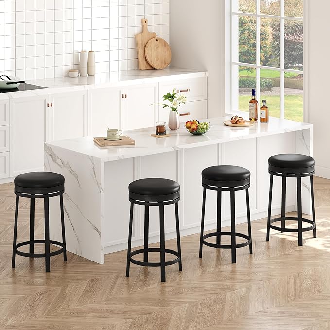 IDEALHOUSE 24'' Swivel Bar Stools Set of 4 with Footrest, Modern Counter Height Barstools with PU Leather Upholstered and Metal Frame, Backless Round Bar Stools for Kitchen Island, Black