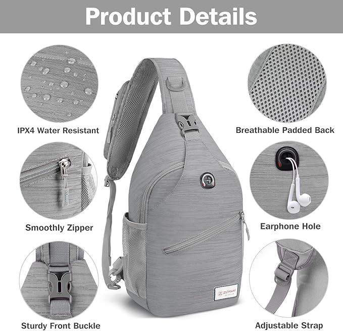 ZOMAKE Sling Bag for Women Men, Small Crossbody Sling Backpack, Mini Water Resistant Shoulder Daypack for Travel, Anti Thief Chest Bag for Hiking, Sports(Stripe)