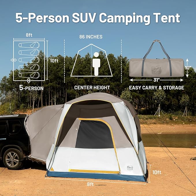 TIMBER RIDGE 5 Person SUV Tent Weather Resistant Portable for Car SUV Van Camping, Includes Rainfly and Storage Bag, 10' W X 8' L X 7.1' H